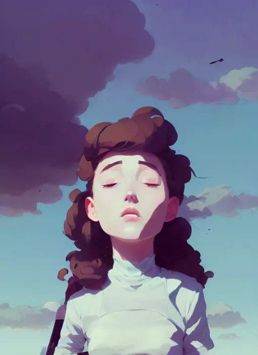 Image similar to portrait of cute maiden girl cowered, cloud sky background, by atey ghailan, by greg rutkowski, by greg tocchini, by james gilleard, by joe gb fenton, by kaethe butcher, dynamic lighting, gradient light blue, brown, blonde cream and white color in scheme, grunge aesthetic