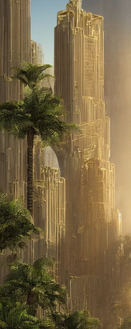 Image similar to photorealistic photo a contemporary babylon tower, golden details, stone facade, sacred geometry architecture, cascading highrise, arid mountains with lush palm forest, sunlight, post - production, octane, cgi, sfx