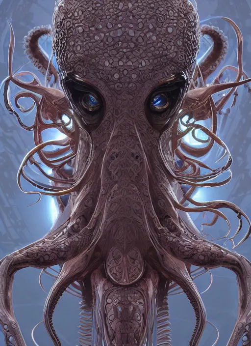 Image similar to symmetry!! portrait of octopus alien in the style of horizon zero dawn, machine face, intricate, elegant, highly detailed, digital painting, artstation, concept art, smooth, sharp focus, illustration, art by artgerm and greg rutkowski and alphonse mucha, 8 k