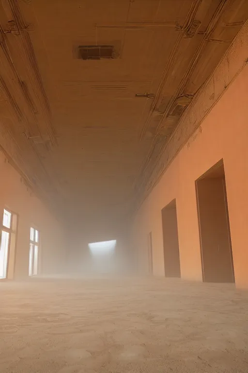 Prompt: inside a tall vetical room, convoluted halls, large open windows, fast wind, cables hanging, complex ceiling, ancient monolithic sci - fi, thick dust storm enters the buiding, concrete pillars, on an alien planet, sun is blocked by dust, pale orange colors, cinematographic wide angle shot, f / 2 4, motion blur