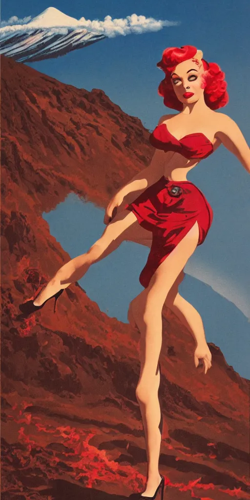 Prompt: volcano eruption pin up girl walking alone