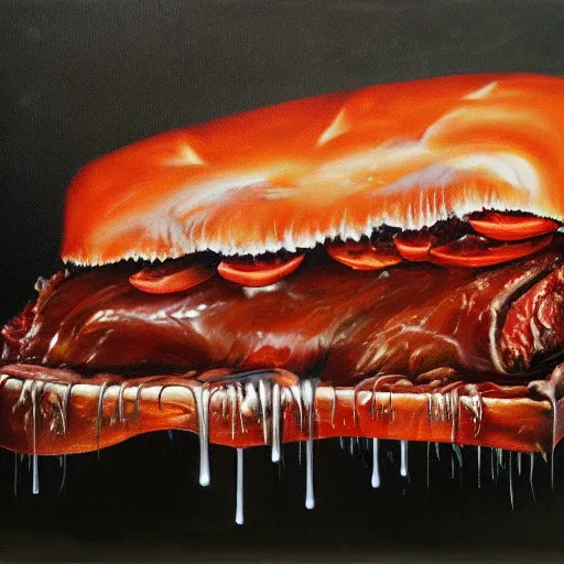 Prompt: dark oil painting of couch with meat spilling out of it, cut in half, surreal