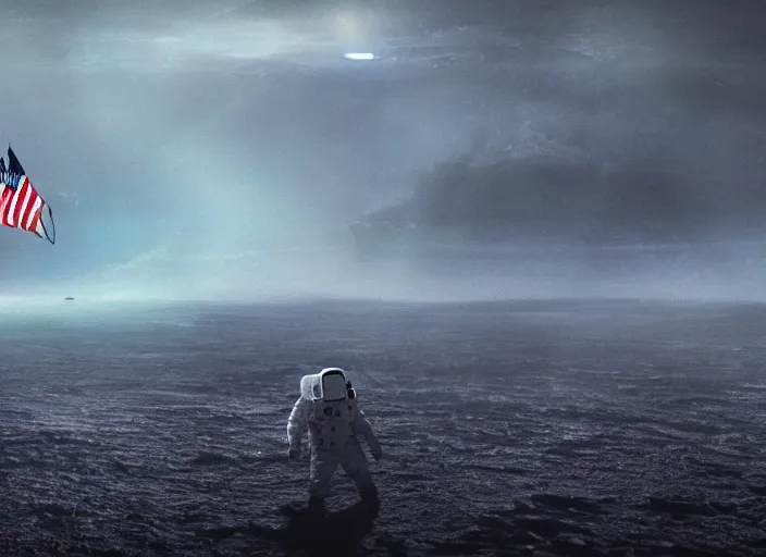 Image similar to astronaut holding a flag in an underwater desert. a submarine is visible in the distance. dark, concept art, cinematic, dramatic, atmospheric, 8 k, trending on artstation, blue, fish, low visibility, fog, ocean floor, christopher nolan, interstellar