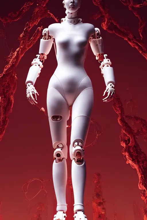 Image similar to a statue made of red marble, of an beautiful chinese girl, full body shot, perfect body, white biomechanical, inflateble shapes, wearing epic bionic cyborg implants, masterpiece, intricate, biopunk futuristic wardrobe, vogue, highly detailed, artstation, concept art, background galaxy, cyberpunk, octane render