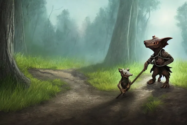 Image similar to a lone d & d kobold, traveling long dirt road, carrying a hobo stick over its shoulder, fantasy setting, 4 k, little draconic humanoid, super detailed, mood lighting, digital art