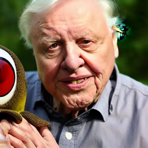 Image similar to Sir David Attenborough next to a red-eyed Mothman