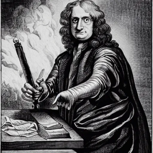 Image similar to an engraving of sir isaac newton as a jedi knight