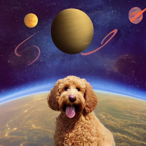 Image similar to goldendoodle in space