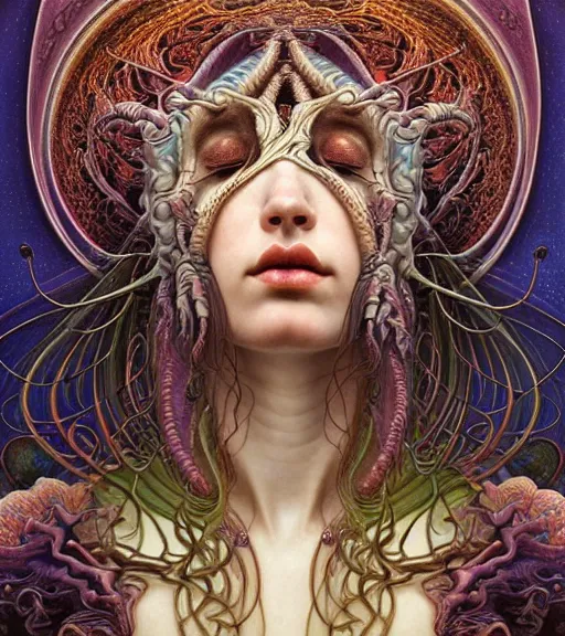 Image similar to detailed realistic beautiful young groovypunk queen of andromeda galaxy in full regal attire. face portrait. art nouveau, symbolist, visionary, baroque, giant fractal details. horizontal symmetry by zdzisław beksinski, iris van herpen, raymond swanland and alphonse mucha. highly detailed, hyper - real, beautiful