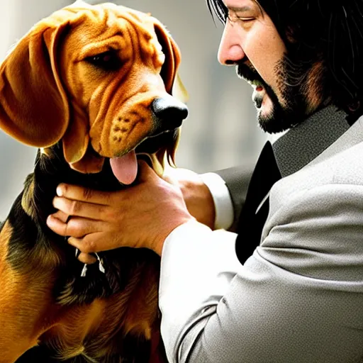 Prompt: john wick smiling and playing with his beagle