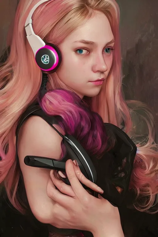 Prompt: gamer girl with blonde hair and dark eyes playing on her computer, portrait shot, face lit up by the monitor, pink gaming headset, dark atmosphere, dynamic lighting, intricate and very very beautiful, highly detailed, digital painting, artstation, concept art, smooth and sharp focus, illustration, art by tian zi and wlop and alphonse mucha