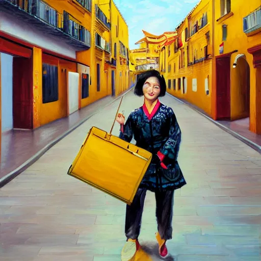 Image similar to high detail oil painting style portrait of Asian woman with mustard coloured suitcase dancing through a city street in Spain