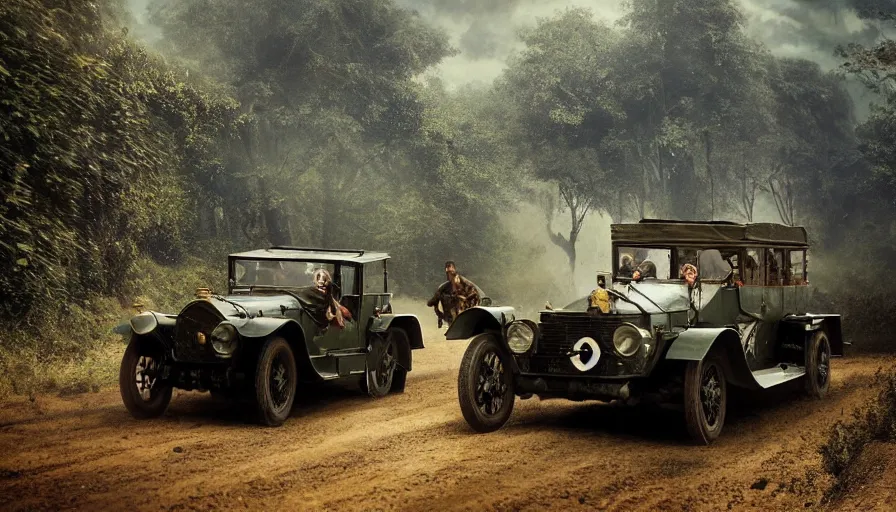 Image similar to british army driving a car in 1921 in kerala forest road, tribe members attacking, action scene, an epic fantasy, dramatic lighting, cinematic, establishing shot, extremely high detail, photorealistic, cinematic lighting, artstation, by christopher nolan, horizon forbidden west