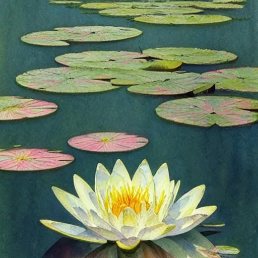 Prompt: a beautifull intricate watercolor painting of water lilies, reflexions, verry high details by william turner art, greg rutkowski and alphonse mucha, trending on artstation, very very detailed, masterpiece, - h 7 0 4