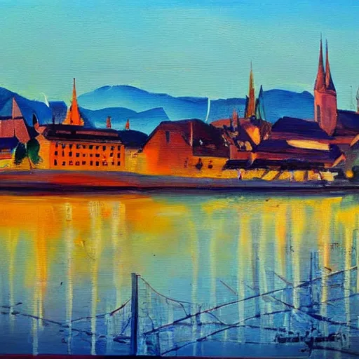 Image similar to very abstract painting of the rhine in basel, very rough brush strokes and splatters, oil on canvas, muted colors, great composition