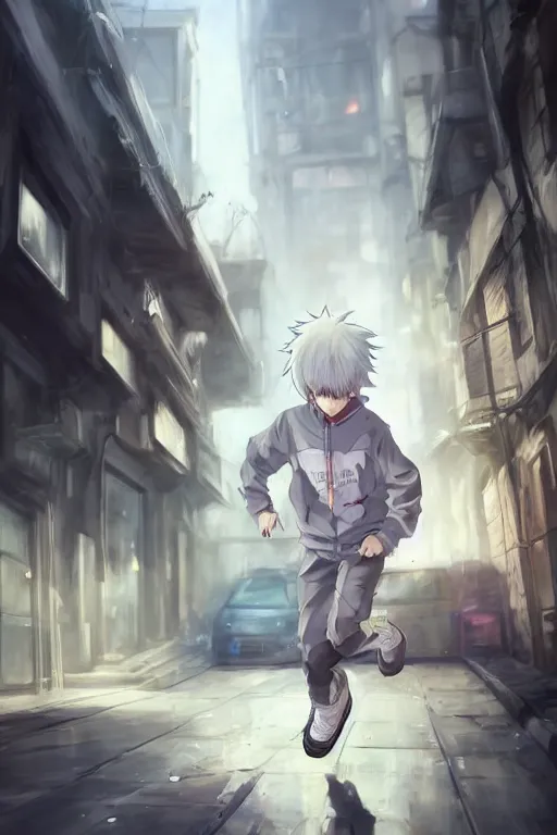 Prompt: anime teen boy with messy white hair wearing a hoodie running from police pursuit in an alleyway, concept art, wlop, digital painting, trending on artstation, highly detailed, epic composition, official media, 8 k uhd