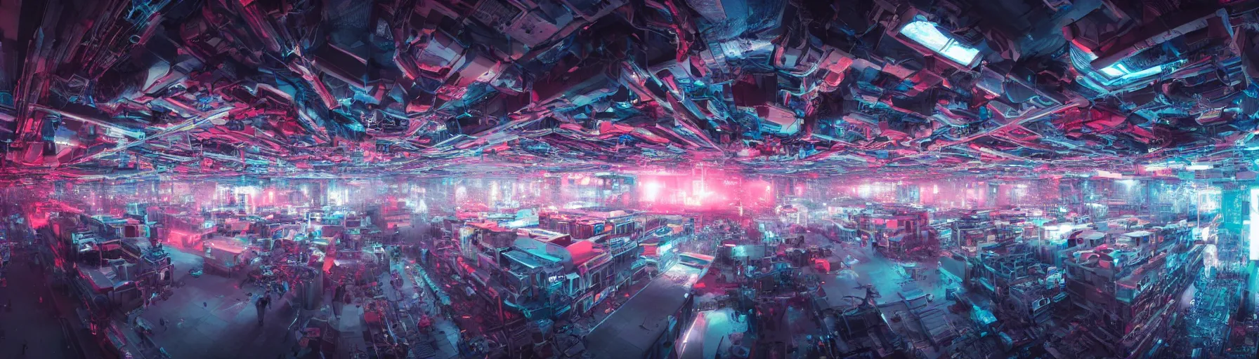 Prompt: a massive GPU server farm churning out an infinite exhaust of creative images and carbon emissions, by liam wong, vibrant, colourful, 4k, lens flare, panoramic, cyberpunk
