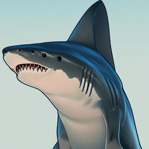 Image similar to great white shark, side view, with a conical orange traffic cone on its dorsal fin - ron cheng & alphonse mucha, highly detailed, digital painting, ray tracing, concept art, illustration, smooth sharp focus, intricate, symmetry, artstation,