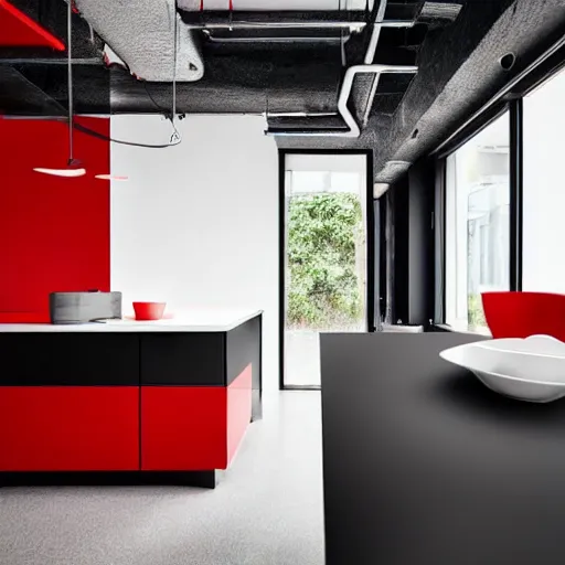 Image similar to photo of black, matte kitchen fronts surfaces and furniture, red walls at the back, white floor tiles on the ground, architecture, concept art