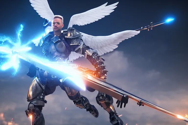 Prompt: an angel holding a massive detailed electric broadsword while flying above a battleground, ultra realistic vfx, reflections, 3 d render, unreal engine, octane render, ray tracing, unity, highly detailed, high quality, uhd, 8 k resolution