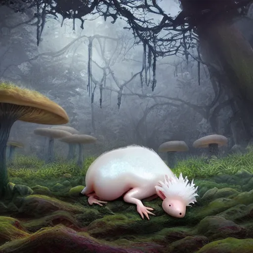 Prompt: leucistic Axolotls in an eerie mushroom forest, matte painting