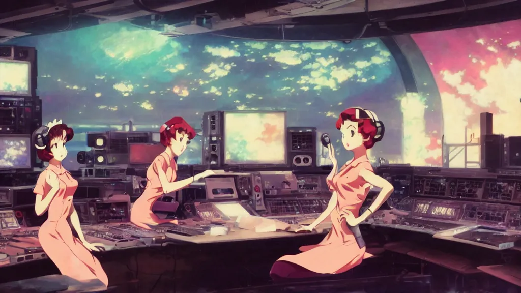 Prompt: a film still of a 1 9 5 0's anime girls in the control room inside ufo, chillhop aesthetics, hdr, full body mid shot, perfect art, trending on pixiv fanbox, painted by gaston bussiere, makoto shinkai, akihiko yoshida, craig mullins