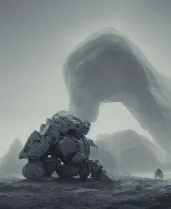 Image similar to surreal romantic stranded valley prometheus horizontal white mecha building architecture by ruan jia, futuristic blame, white architecture in the beach in iceland, foggy, highly detailed, digital painting, arstation, concept art, hyperealistic octane render, unreal engine