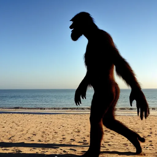 Image similar to photo of a Bigfoot at the beach in Tel Aviv, 50mm, beautiful photo
