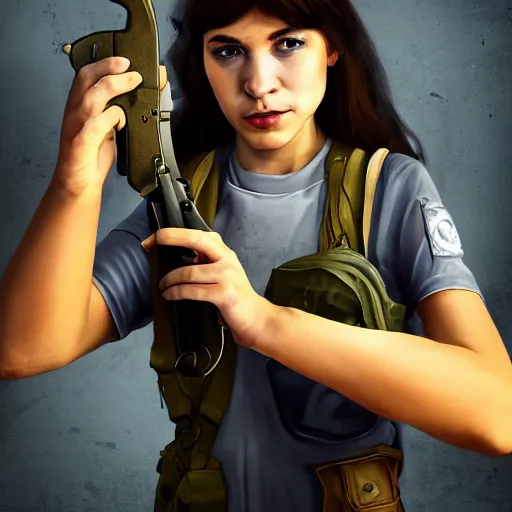 Image similar to a girl in a post - military uniform made of rags holds a revolver in her hands, the concept of a game character here, digital art, many details, super realistic, high quality, 8 k,