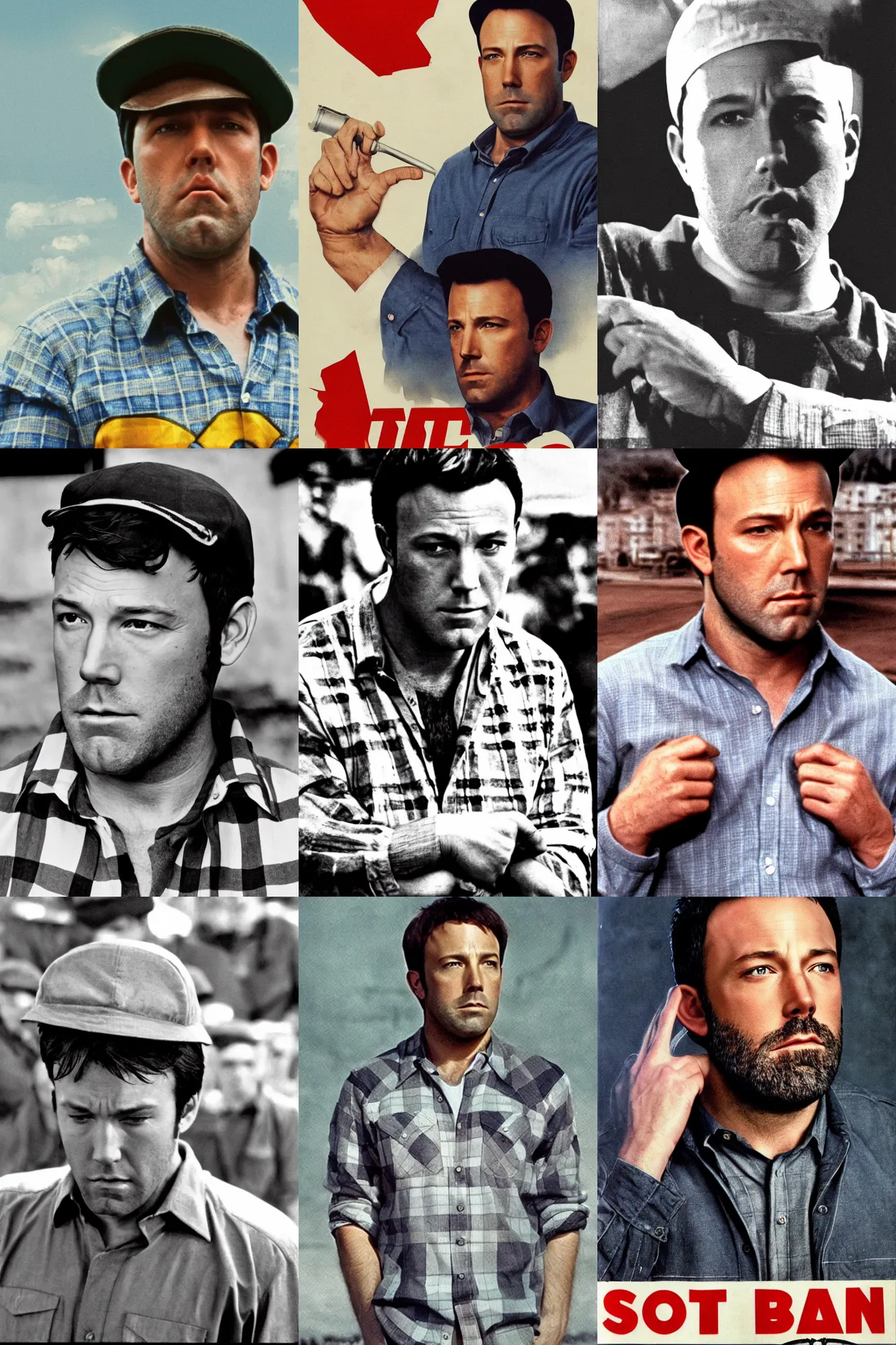 Image similar to sad ben affleck wearing checkered shirt and white cap, soviet movie poster