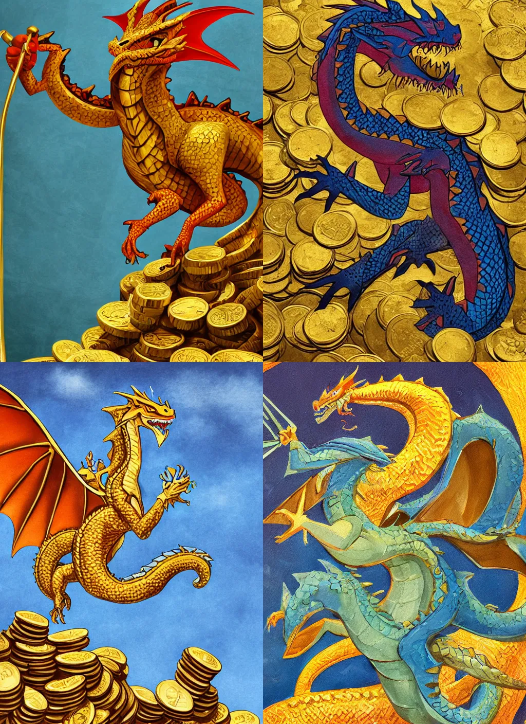 Prompt: stylized painting of a realistic dragon protecting a very large pile of gold coins