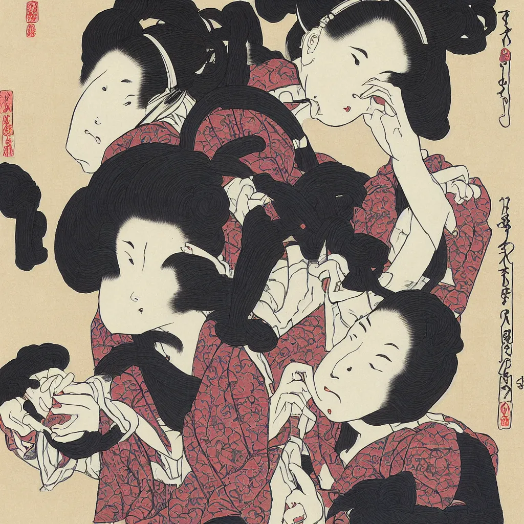 Prompt: i, a beautiful woman wearing headphone and playing iphone, by hokusai