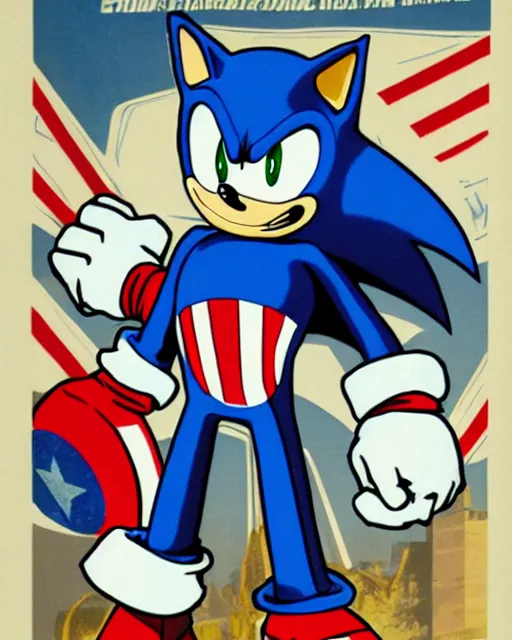 Image similar to sonic the hedgehog with captain america's shield promoting the fight against eggman propaganda poster, american propaganda