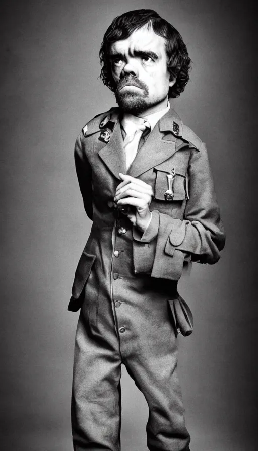 Prompt: extremely tall peter dinklage, old world war 2 portrait, photography