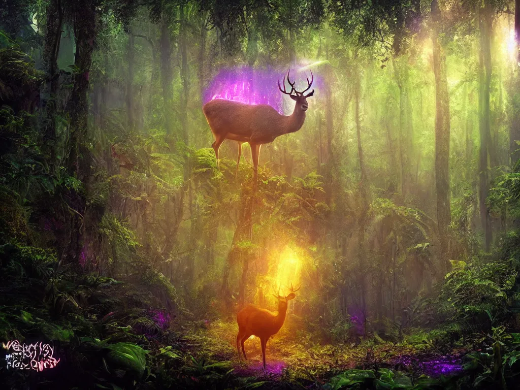 Image similar to a fantasy beautiful dense biorelevant enchanted rainforest setting, ultrawide angle, a deer made of bright neon ether light sparkle, cinematic lighting, extremely emotional, extremely dramatic, surround it with pixie dust ether floating in the air, hdr, epic scale, cmyk, deep spectrum color