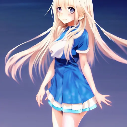 Image similar to a very beautiful anime cute girl, full body, long wavy blond hair, sky blue eyes, full round face, short smile, tight top, miniskirt, front view, medium shot, mid-shot, highly detailed, cinematic wallpaper by Stanley Artgerm Lau