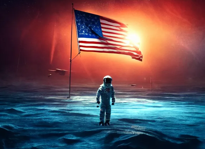 Image similar to astronaut holding a flag in an underwater desert. a submarine is visible in the distance. dark, concept art, cinematic, dramatic, atmospheric, 8 k, trending on artstation, blue, fish, low visibility, fog, ocean floor, christopher nolan, interstellar