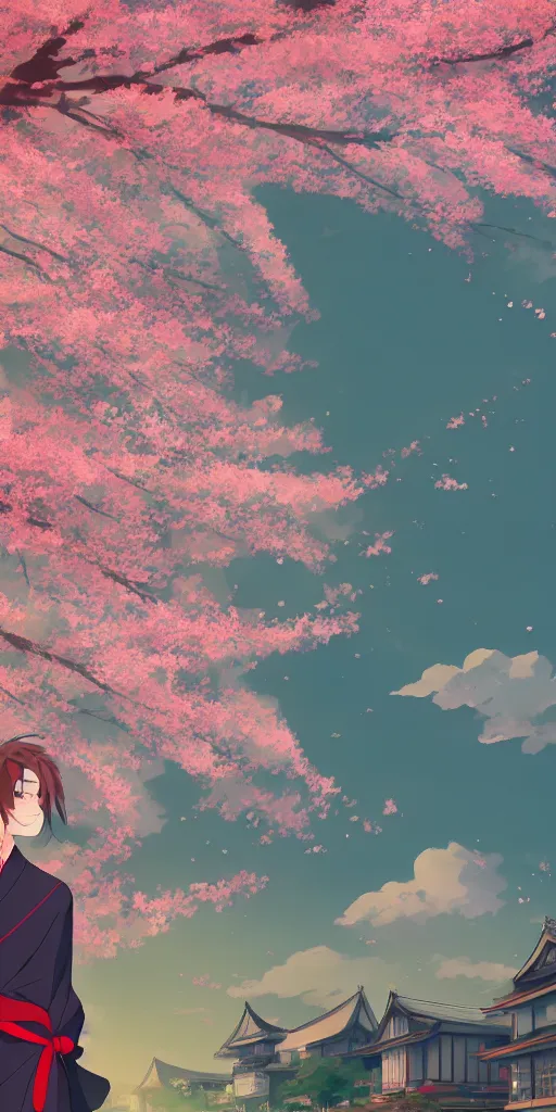 Prompt: a handsome young man with long hair in a japanese kimono stands under a cherry blossom tree, floating sky town, during dawn, cinematic, very warm colors, intense shadows, anime illustration, anime screenshot composite background