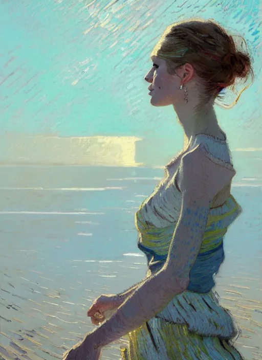 Prompt: portrait of a beautiful girl, sea dunes backdrop, sad, pastel shades of light blue and light yellow, beautiful face, rule of thirds, intricate outfit, spotlight, by greg rutkowski, by jeremy mann, by francoise nielly, by van gogh, digital painting