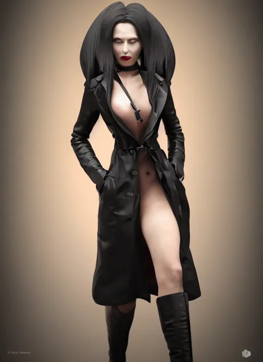 Prompt: black haired vampire woman in a trench coat, face enhance, realistic, ultra detailed, octane render, lovecraftian