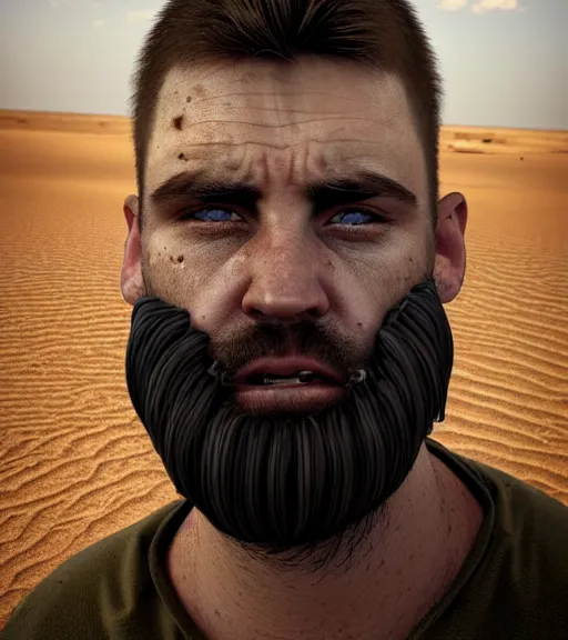 Image similar to portrait of muscular, tired and alcoholic 3 0 - year - old grieving man with short darkblonde hair, serious sad look in his eyes, looking down, dirty beard, blue eyes, crying tears, wearing dirty soldier uniform, on the desert, sad atmosphere, hyper realistic face, character art, art by mark brooks, cryengine, trending on artstation, digital art