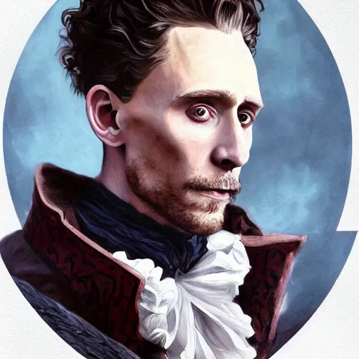 Image similar to a man wearing a doublet, tom hiddleston, painted fantasy character portrait, highly detailed, digital painting, artstation, concept art, sharp focus, illustration, art by artgerm and greg rutkowski and alphonse mucha