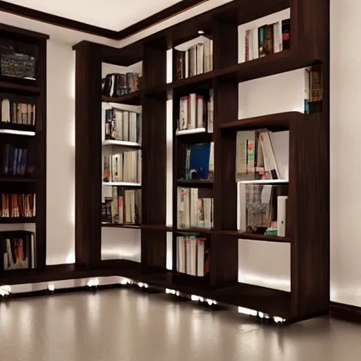 Image similar to wooden bookshelves with led strip lights, homes and gardens, super detailed render,