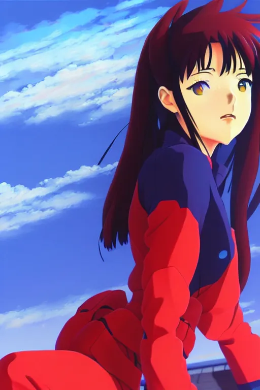 Image similar to a ultradetailed beautiful painting of misato from evangelion, by makoto shinkai trending on artstation