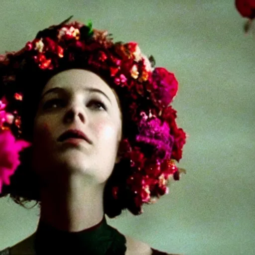Image similar to movie still of the girl with the flowers head, cinematic composition, cinematic light, by edgar wright and david lynch, oniric atmosphere,