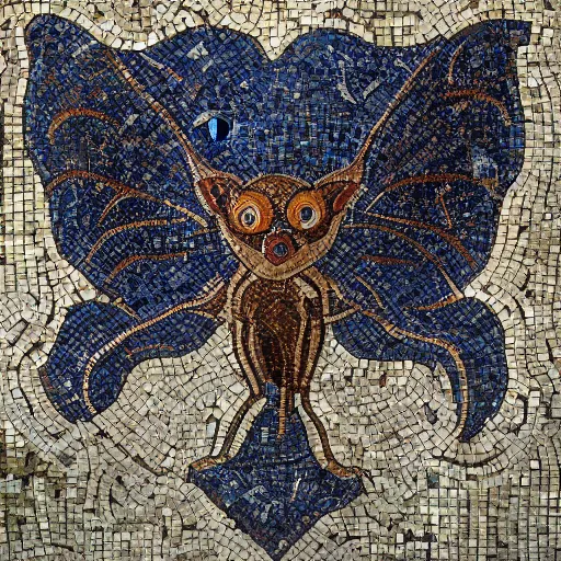 Image similar to medium shot Mosaic depicting a cute realistic adorable vampire bat big eyes, realistic wings, looking left, round blue background, from Italica, AD 176-275. Archaeological Museum, Seville. Byzantine mosaics, highly detailed, HQ, HD, beautiful, National Geographic,