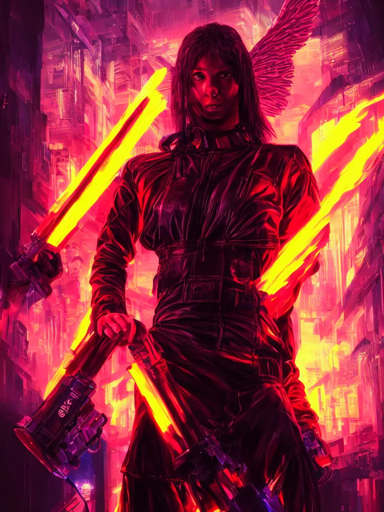 Image similar to portrait of angel with a fire sword, cyberpunk, glitchcore, synthwave art, detailed, masterpiece, trending on artstation, featured on pixiv, hd, 4 k, 8 k