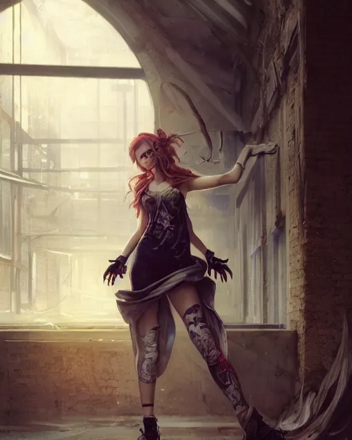 Image similar to daniel gerhartz and artgerm detailed portrait digital rococo painting of a beautiful woman wearing streetwear clothing, abandoned warehouse interior in the background, unreal engine, hyper realism, realistic shading, cinematic composition, blender render, octane render, hdr, detailed textures, photorealistic, ultrawide shot, 3 5 mm film