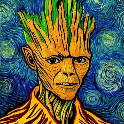 Image similar to groot Painted by Vincent Van Gogh 4K quality