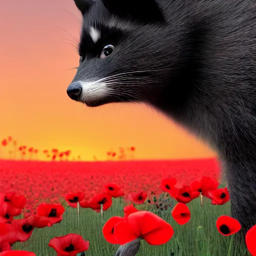 Image similar to a closeup photorealistic photograph of a black cute adult cat sitting on 4 paws next to big a black and white adult racoon in a field of poppy with a red sunset in the background. This 4K HD image is Trending on Artstation, featured on Behance, well-rendered, extra crisp, features intricate detail and the style of Unreal Engine.